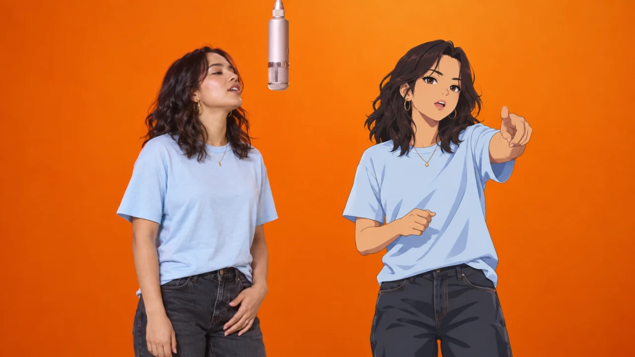 Una donna e il suo avatar anime accanto a un microfono sospeso su sfondo arancione