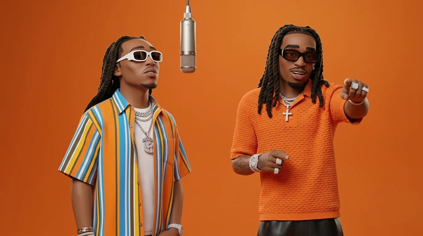 3D cartoon duo performing in an orange studio booth with a hanging microphone
