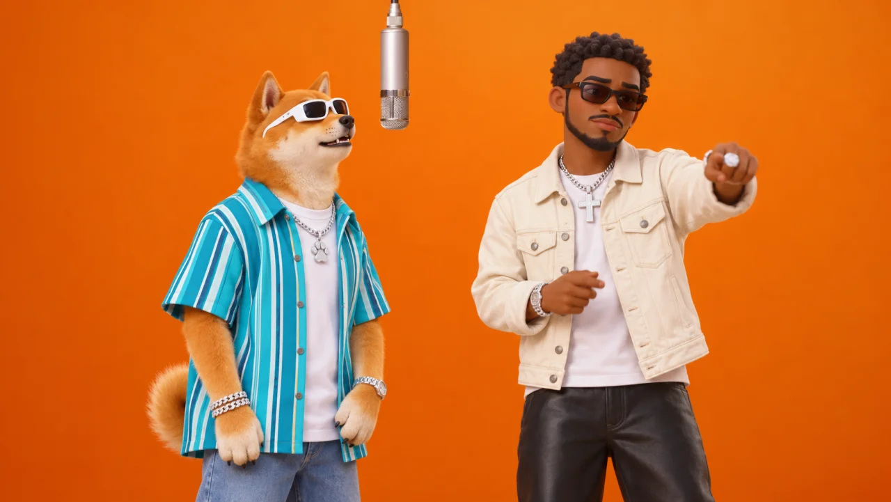 Uno shiba inu cartoon 3D e il suo padrone accanto a un microfono sospeso su sfondo arancione