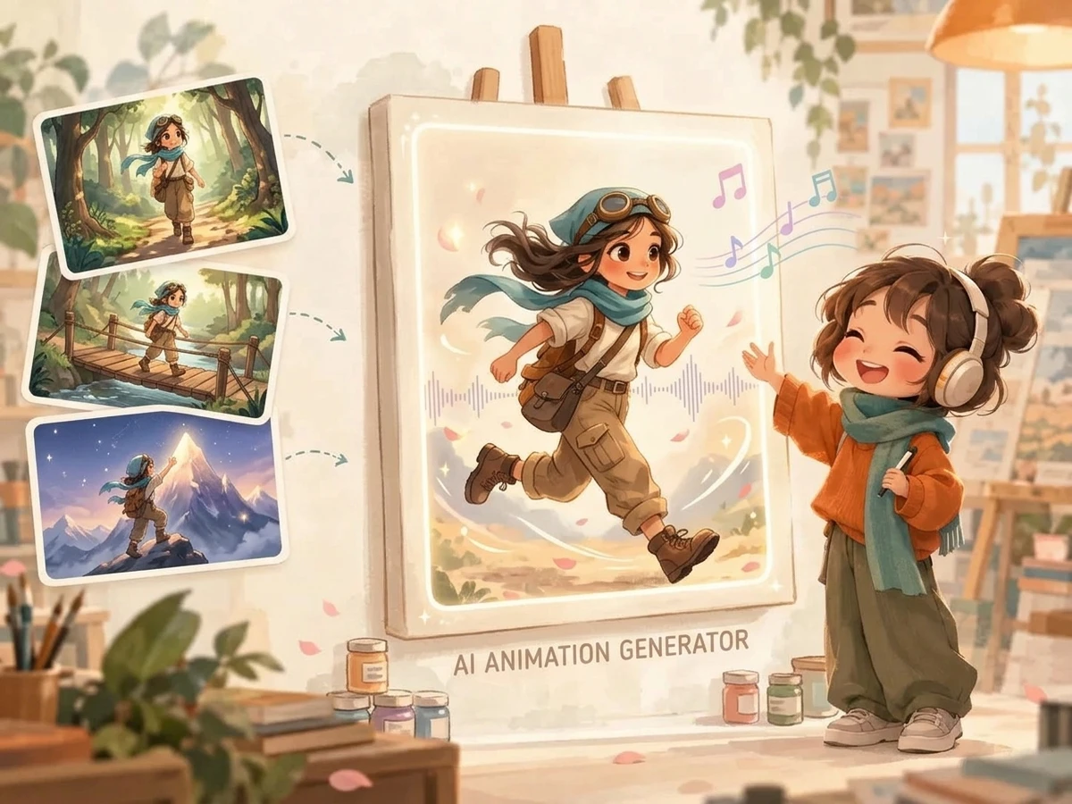 Cartoon story frames arranged around a central animation preview with character and audio panels
