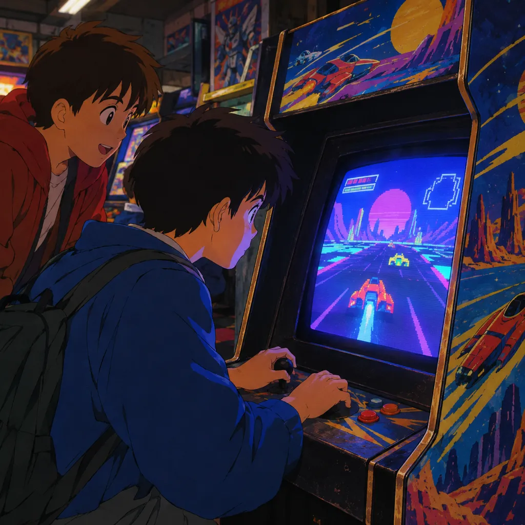 90s anime schoolkid playing an arcade cabinet under glowing screen light in a cramped game center
