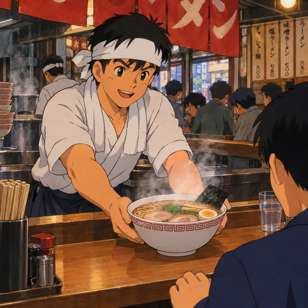 90s anime noodle chef sliding a steaming ramen bowl across a stall counter at lunch hour