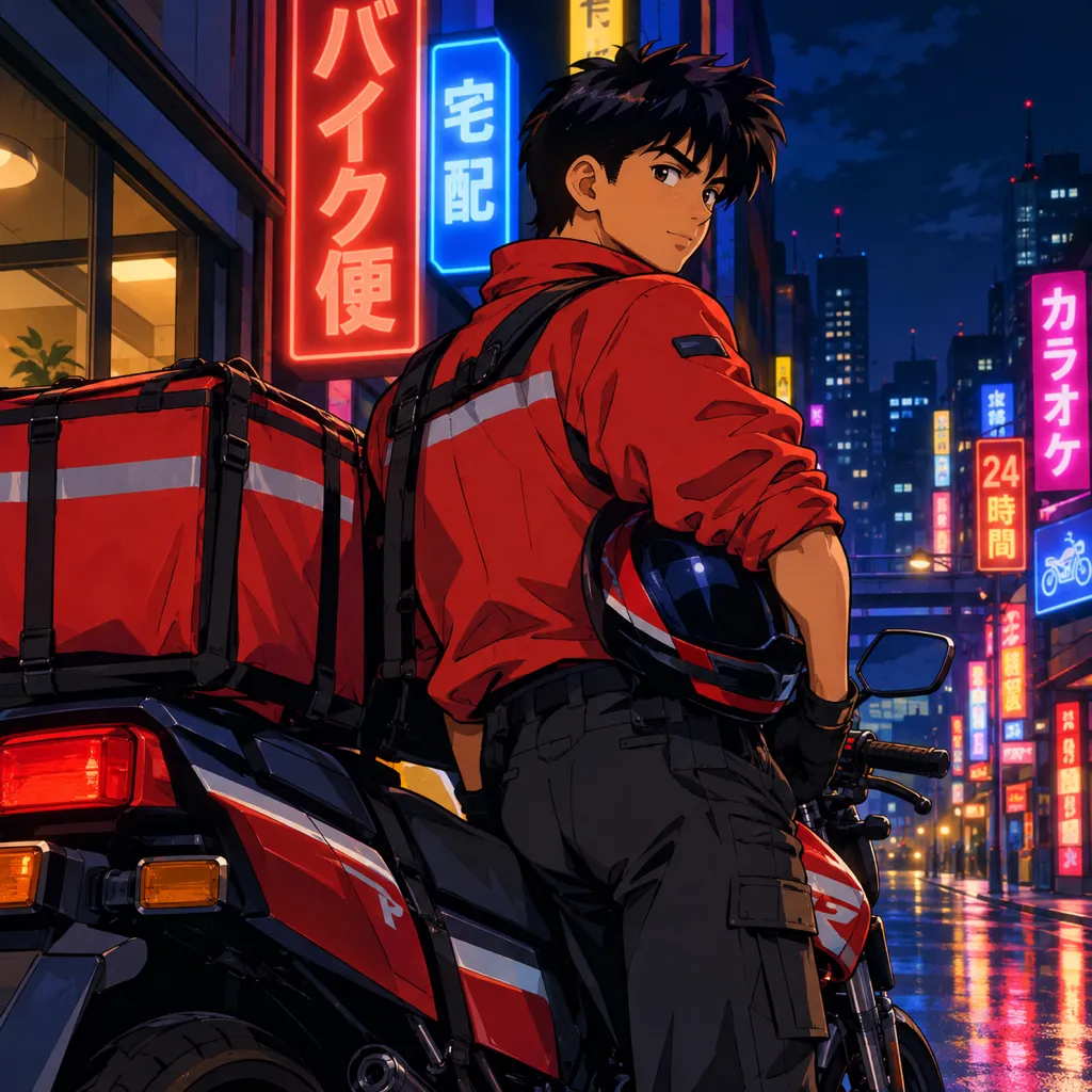 Retro 90s anime courier leaning on his motorcycle under stacked neon signs at night