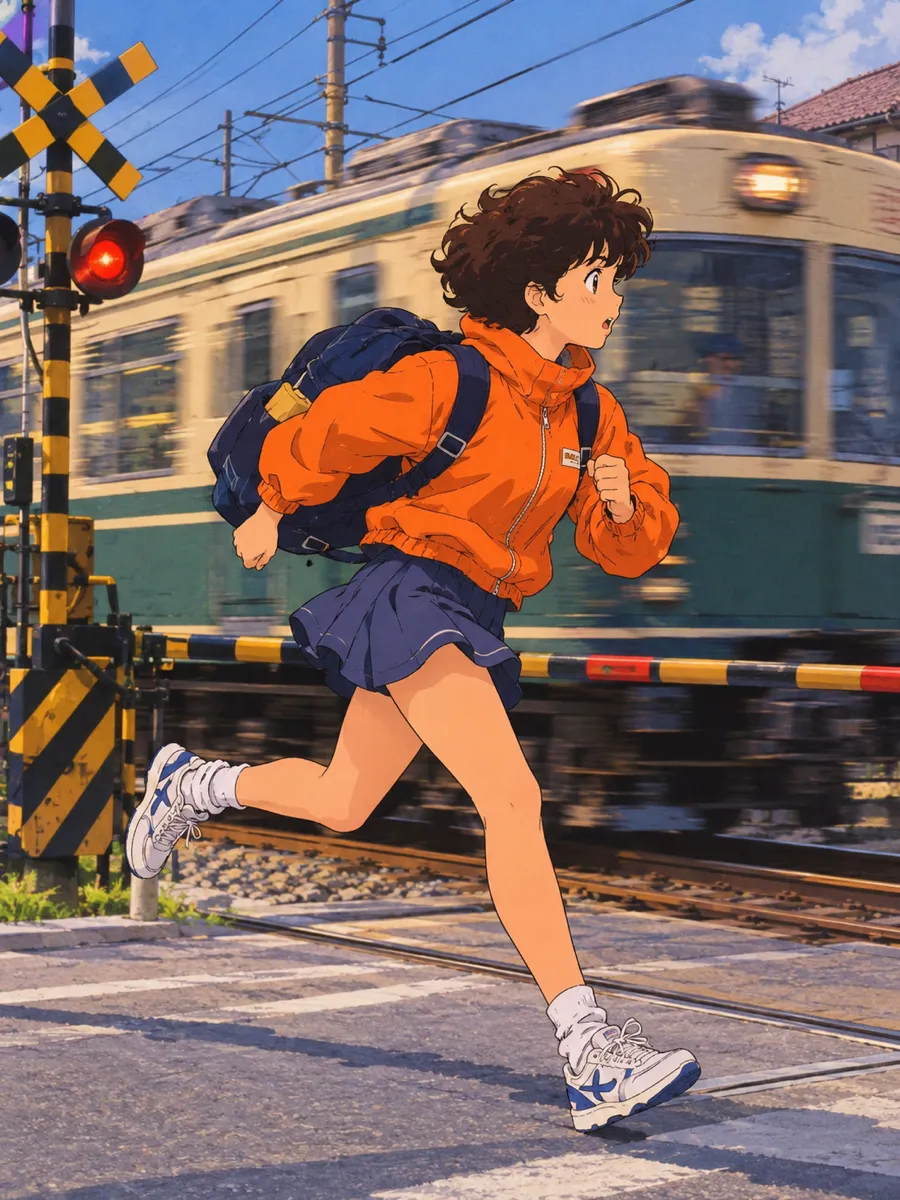 Retro 90s anime courier in an orange windbreaker sprinting across a railway level crossing as an old train blurs past behind her