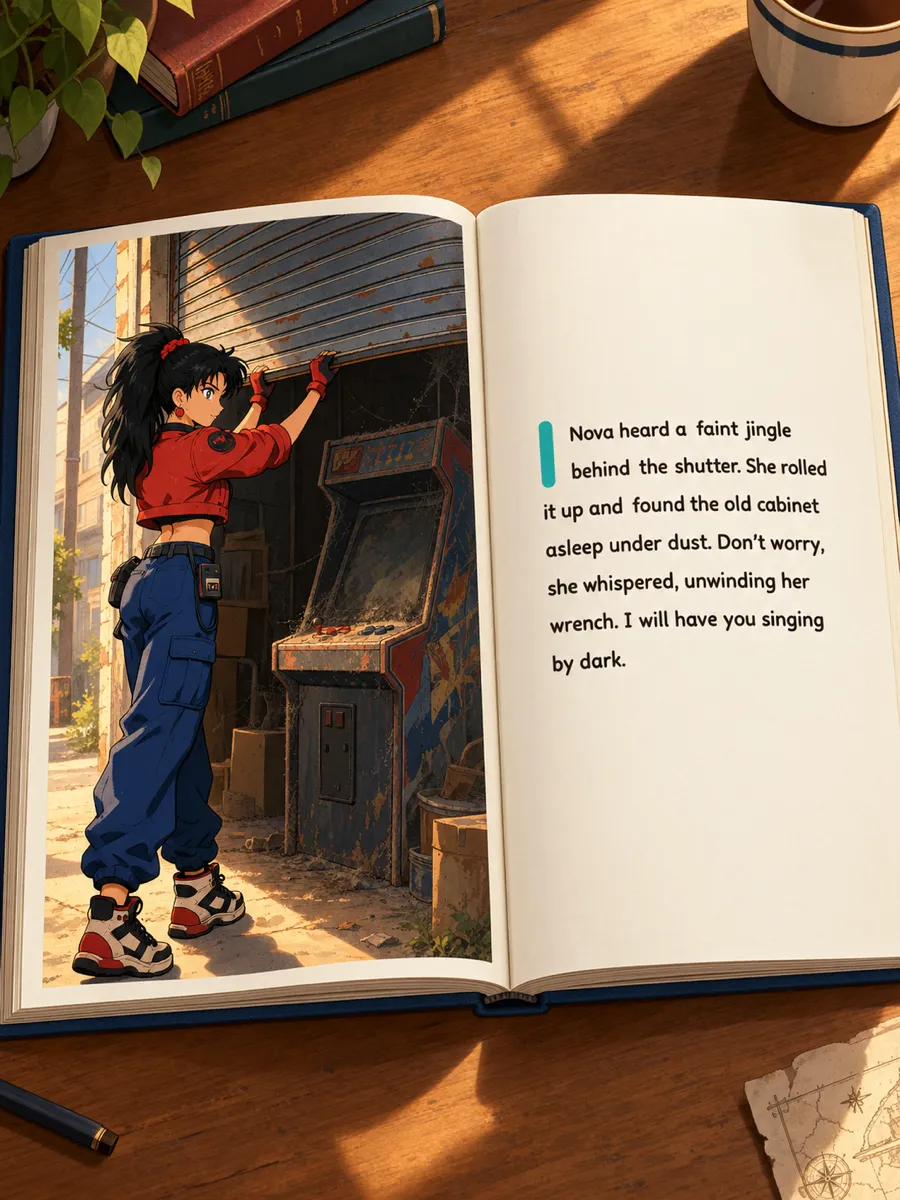 Open hardcover storybook spread showing retro anime mechanic Nova finding an abandoned arcade cabinet on the illustration page and her story printed beside a teal accent bar on the text page