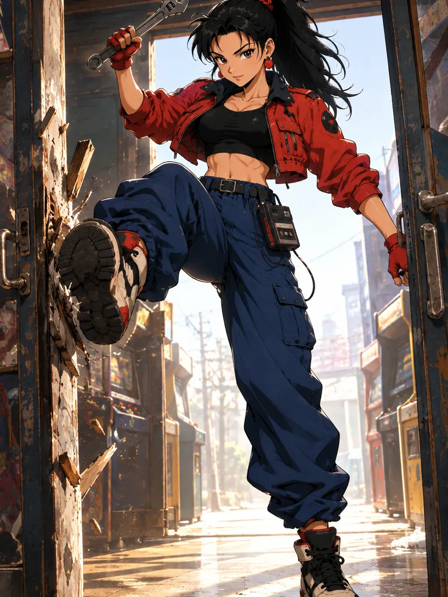 Retro anime mechanic Nova kicking open the doors of an old arcade as morning light floods the aisle