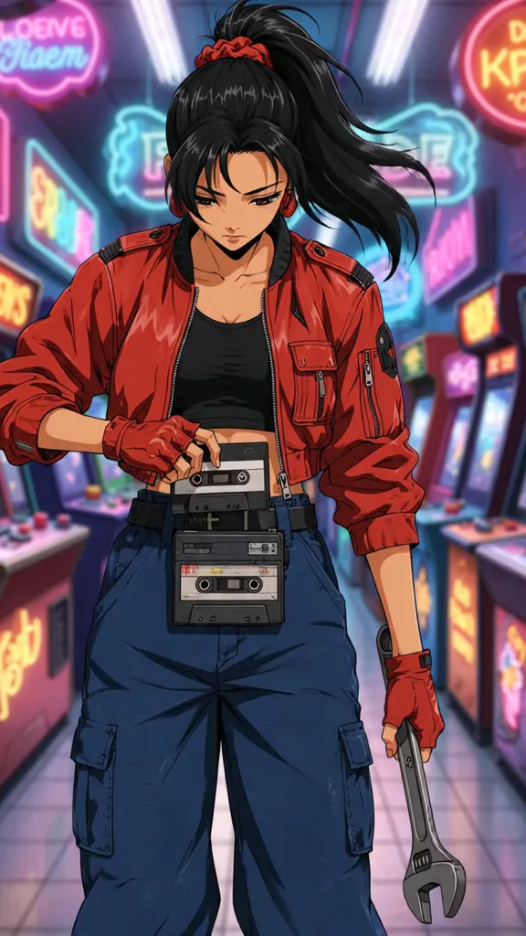 Nova loading a cassette into the player on her belt inside a neon-lit retro arcade