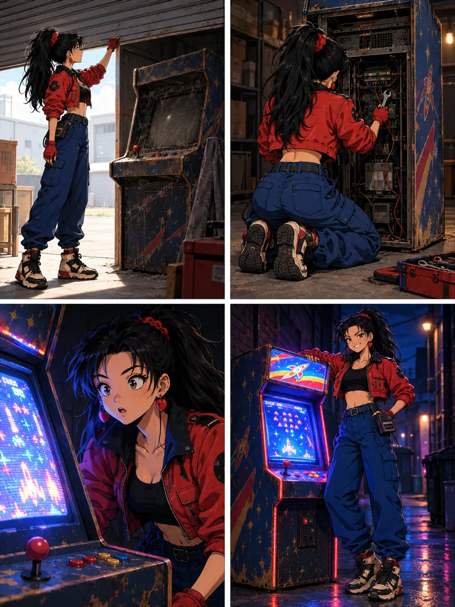 Four-panel storyboard of retro anime mechanic Nova rolling up a garage shutter, repairing an abandoned arcade cabinet, seeing its screen flicker on, and grinning as the neon marquee lights the alley
