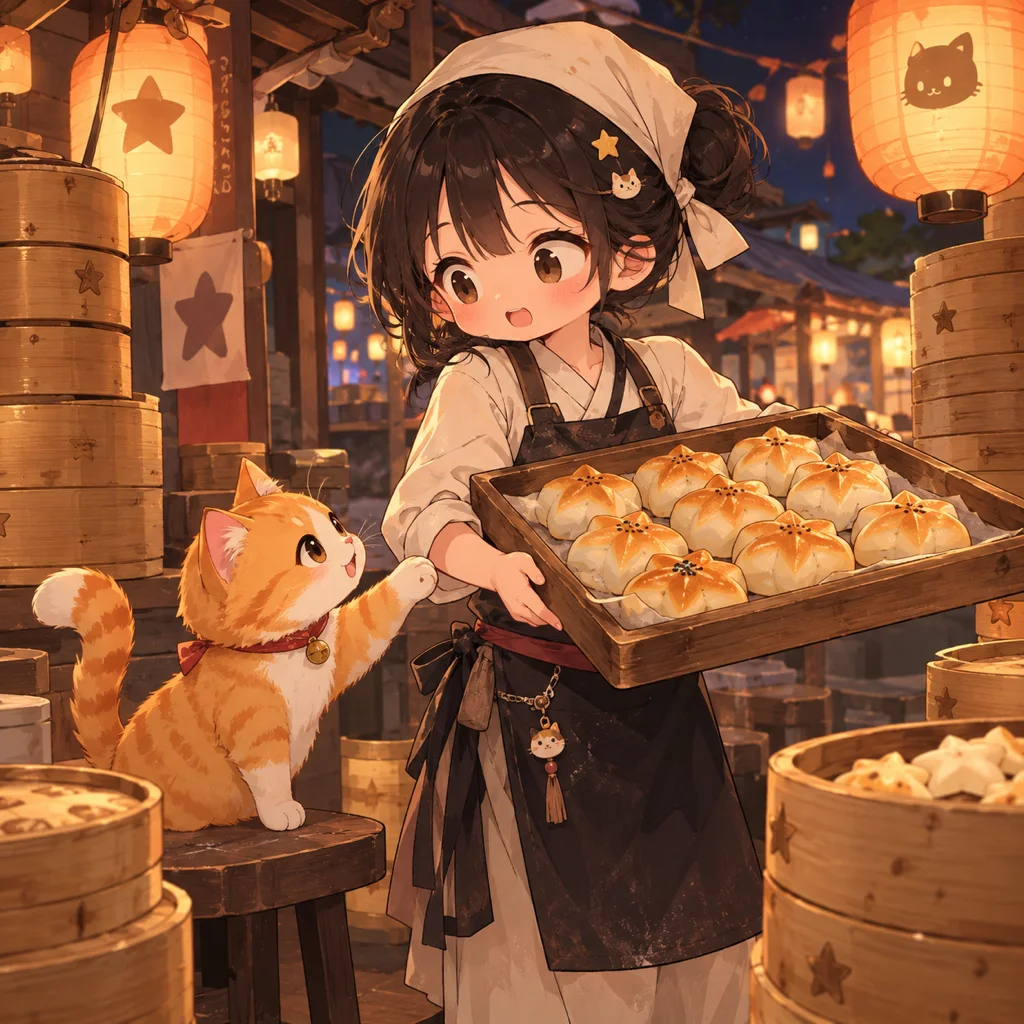 Boulanger chibi portant des brioches en forme d'étoile à côté d'un chat roux dans un marché de nuit éclairé par des lanternes
