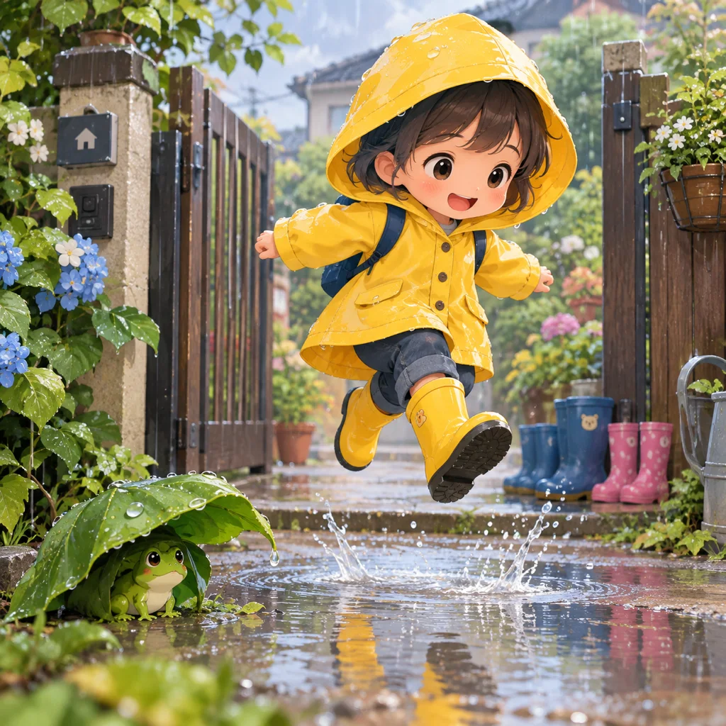 Enfant chibi en imperméable jaune sautant par-dessus une flaque d'eau à côté d'une petite grenouille