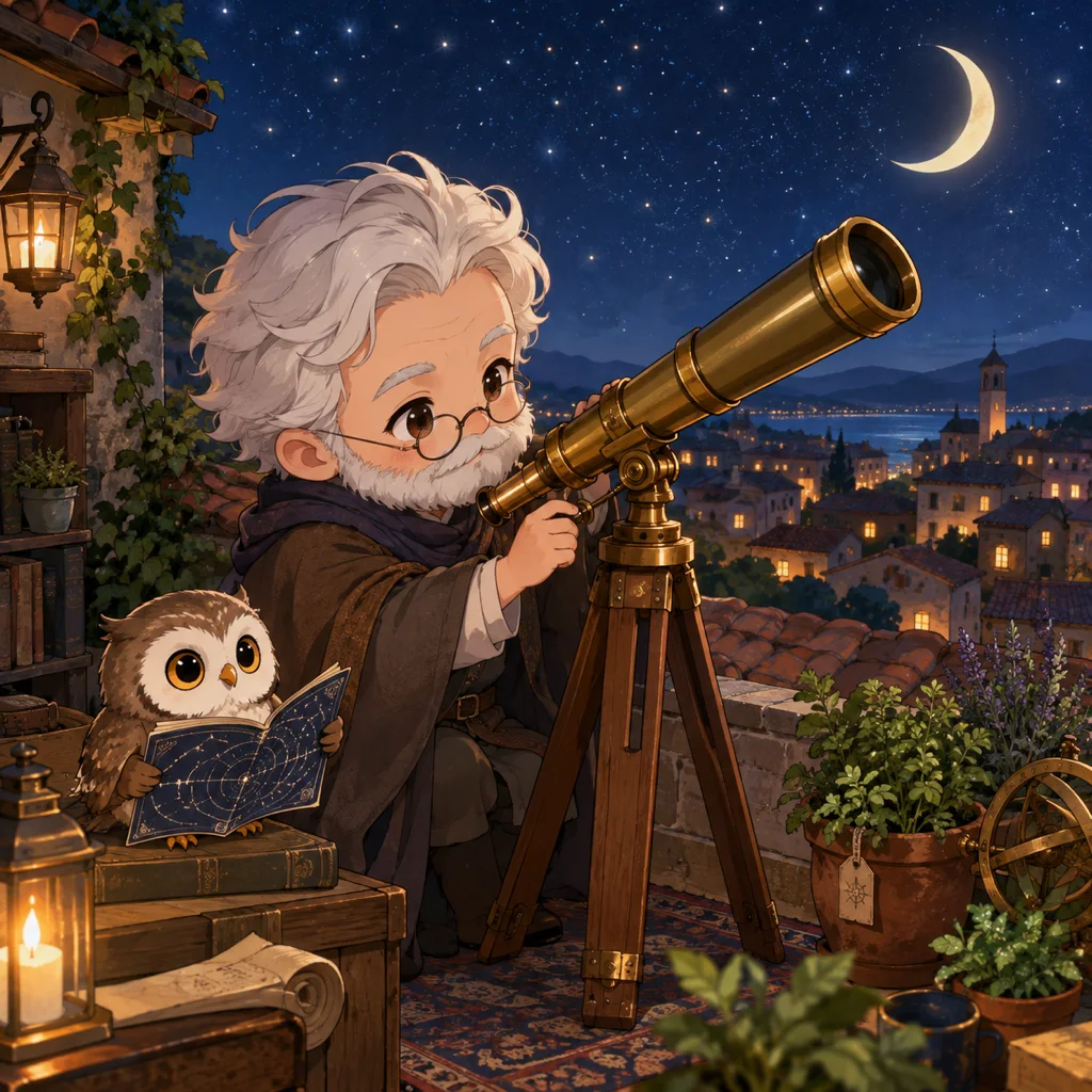 Astronome chibi utilisant un télescope en laiton pendant qu'un petit hibou tient une carte du ciel