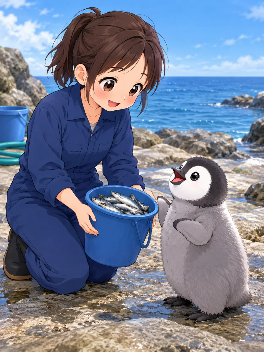 Gardien d'oiseaux chibi offrant un seau de poissons à un bébé pingouin sur un rivage rocheux