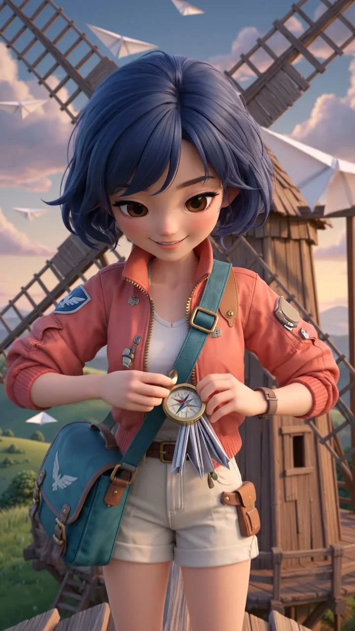 Nori Vale with her brass compass in a vertical Chibi character video