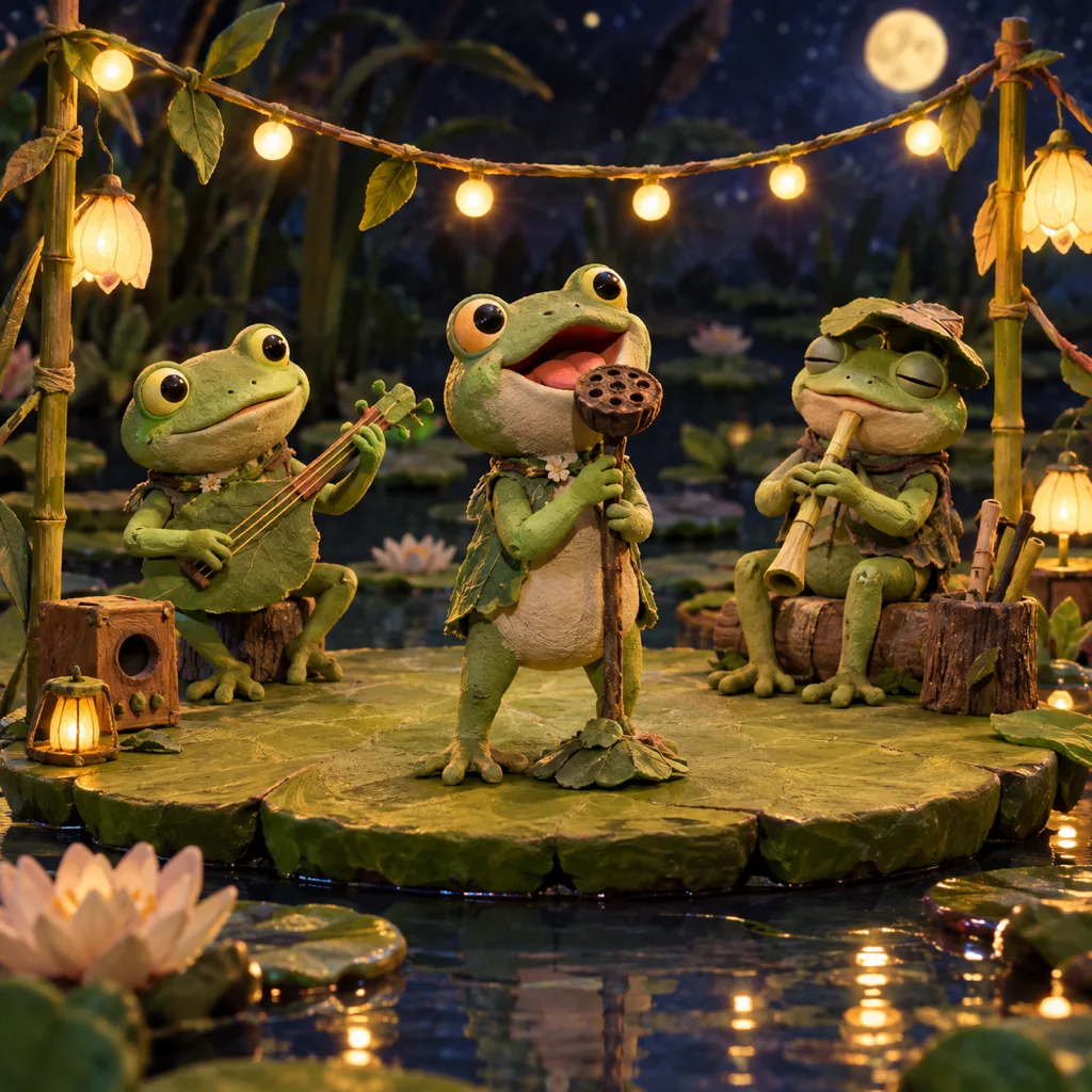 Claymation frog band singing into a seed-pod microphone on a lily-pad stage under string lights