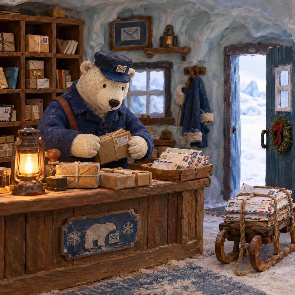 Claymation polar bear postmaster sorting parcels at the counter of a lantern-lit ice-shelf post office
