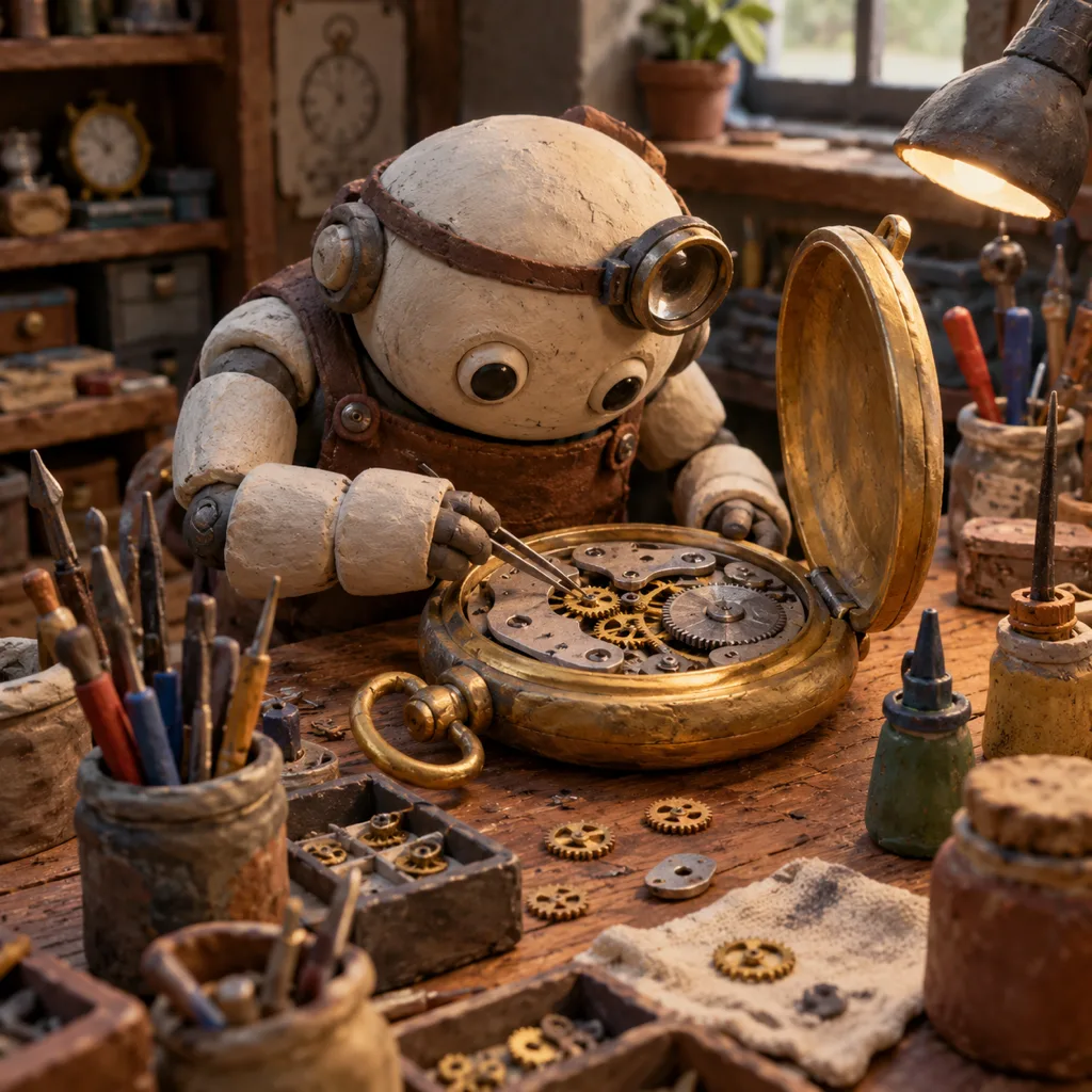 Claymation robot watchmaker with a headband loupe repairing a giant open pocket watch on a cluttered bench