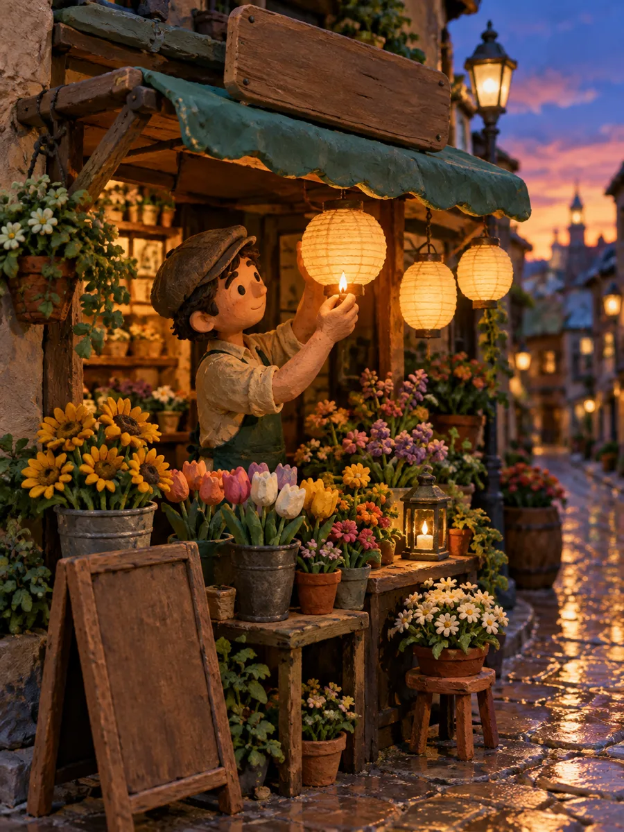 Clay shopkeeper lighting paper lanterns at a tiny corner flower stall on wet cobblestones at dusk