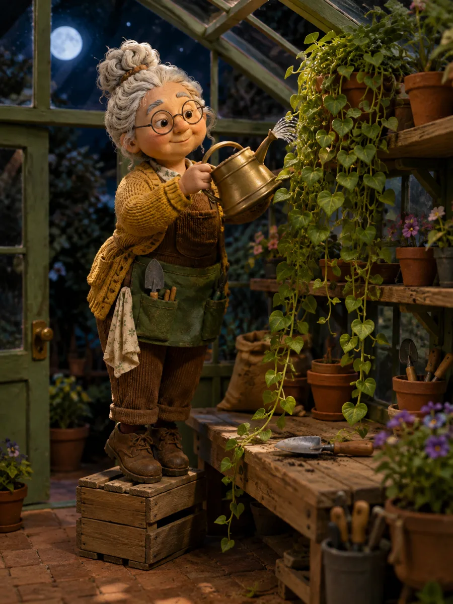 Claymation gardener Poppy Merriweather watering a trailing vine in her moonlit greenhouse