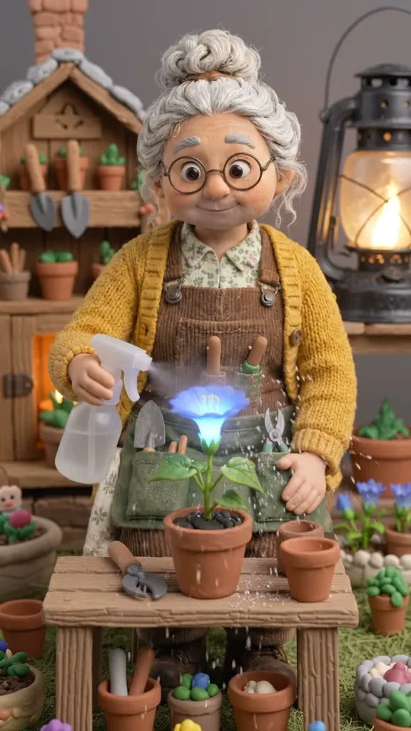 Poppy Merriweather misting her glowing moonflower at the potting bench