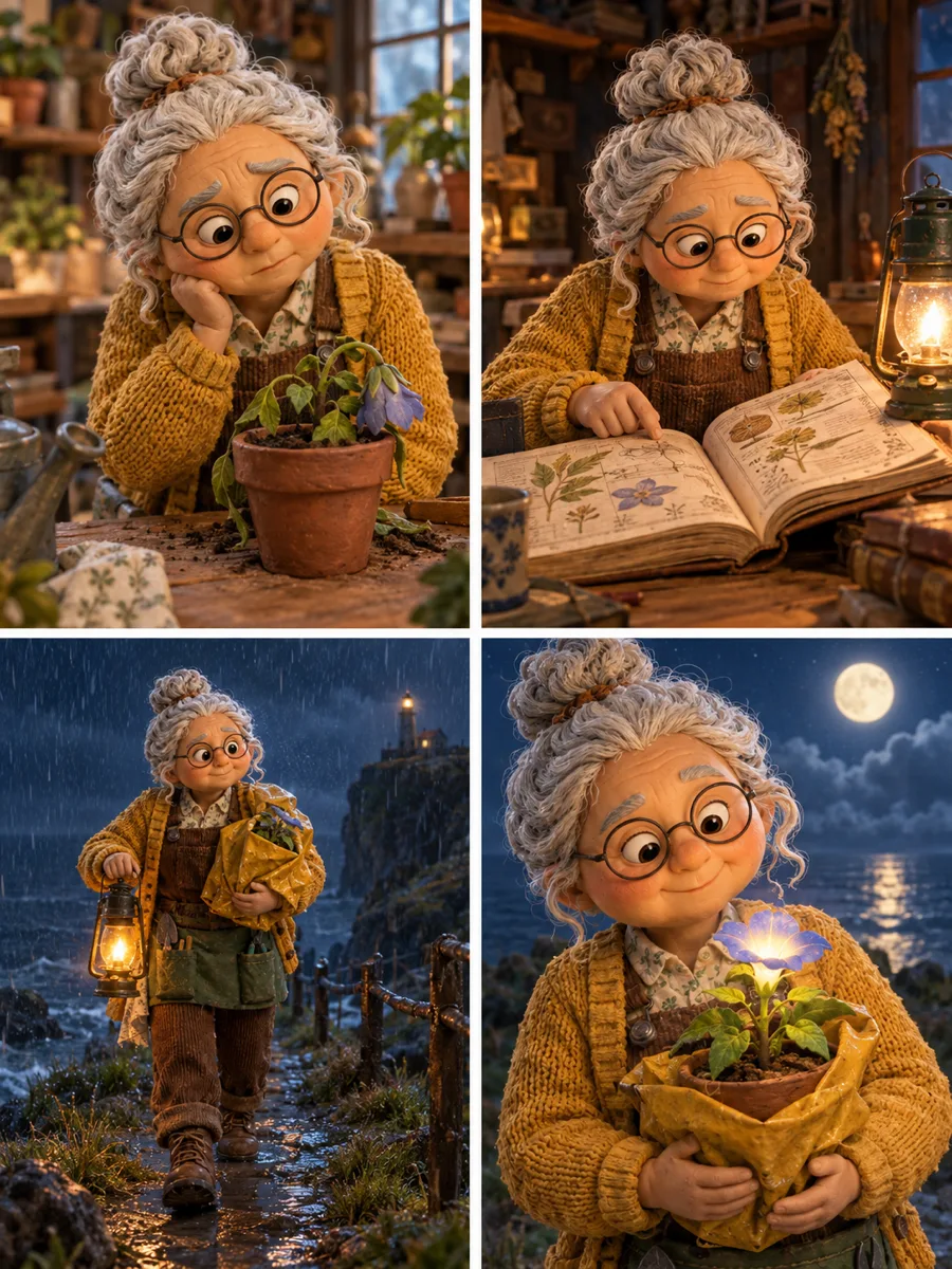 Four-panel storyboard of clay gardener Poppy Merriweather discovering her drooping moonflower, searching her reference books, walking through a rainy night, and smiling as the flower sings again