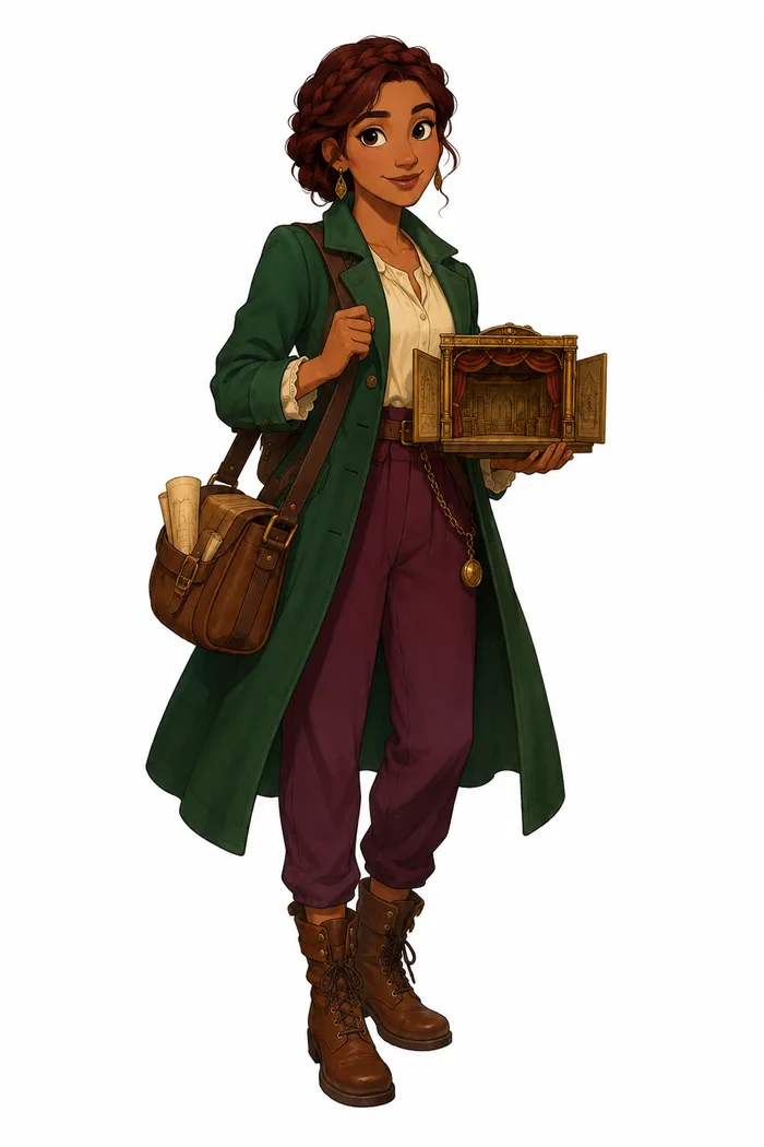 Full-body portrait of Elena Maris carrying a brass folding theater model
