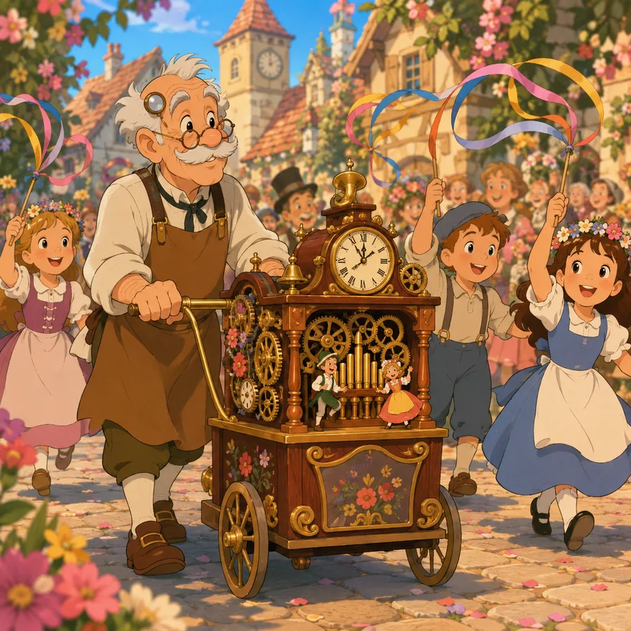 An elderly clockmaker guiding a musical cart through a sunny village parade