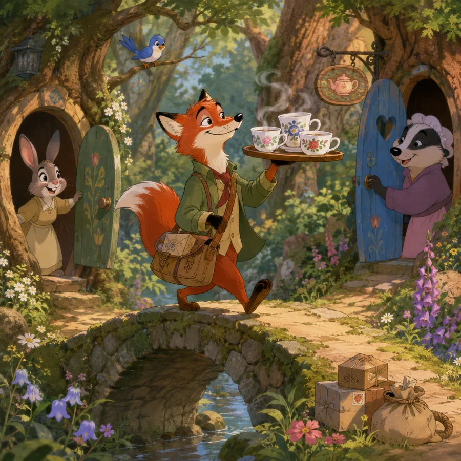 A red fox carrying tea across a mossy woodland bridge