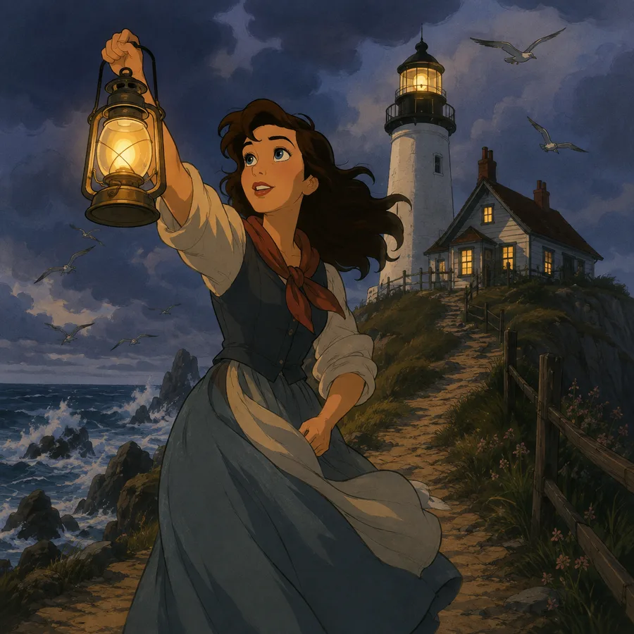 A young lighthouse keeper raising a lantern on a windy coastal path