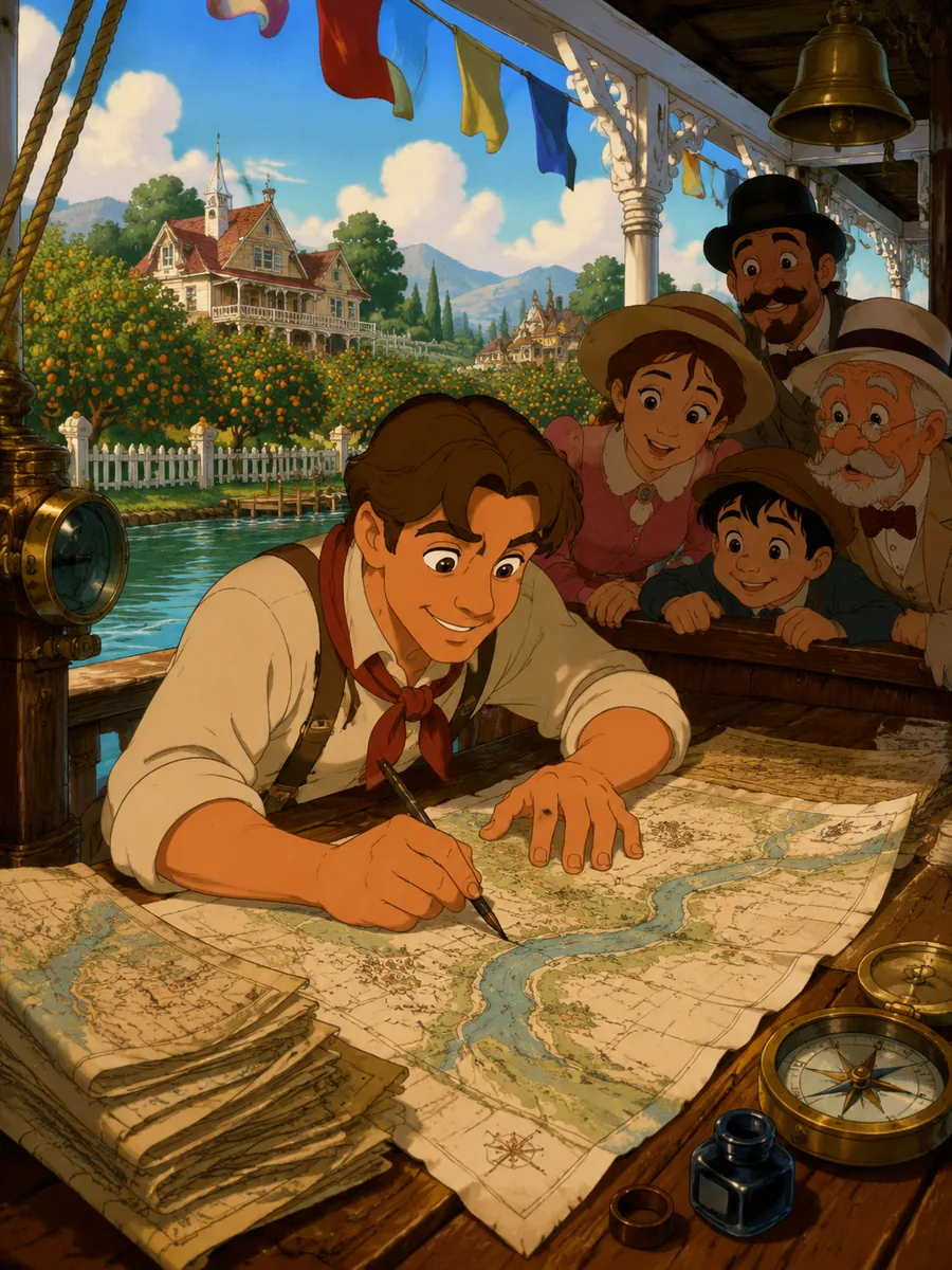 A young mapmaker drawing a river route aboard a boat beside a bright orchard village