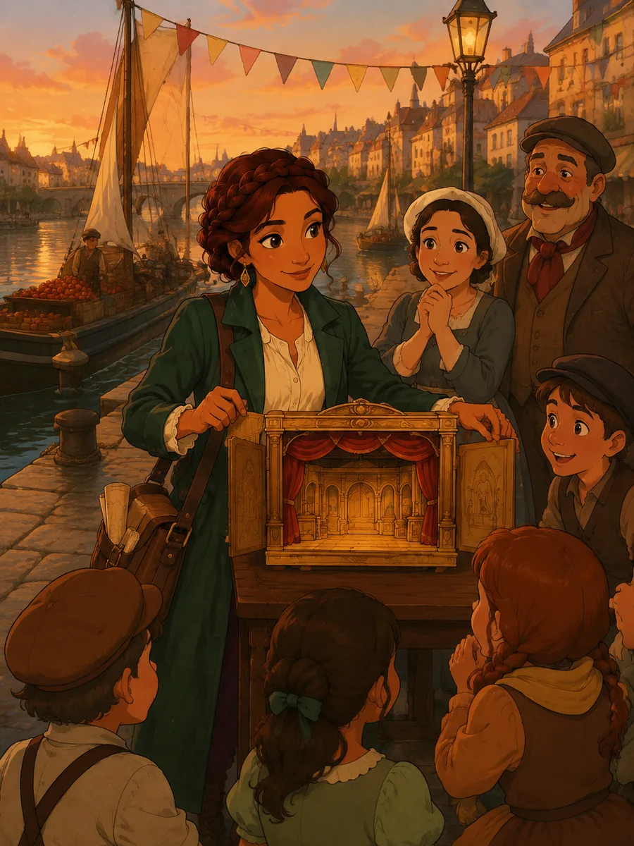 Elena Maris opening a miniature theater for families on a riverside quay