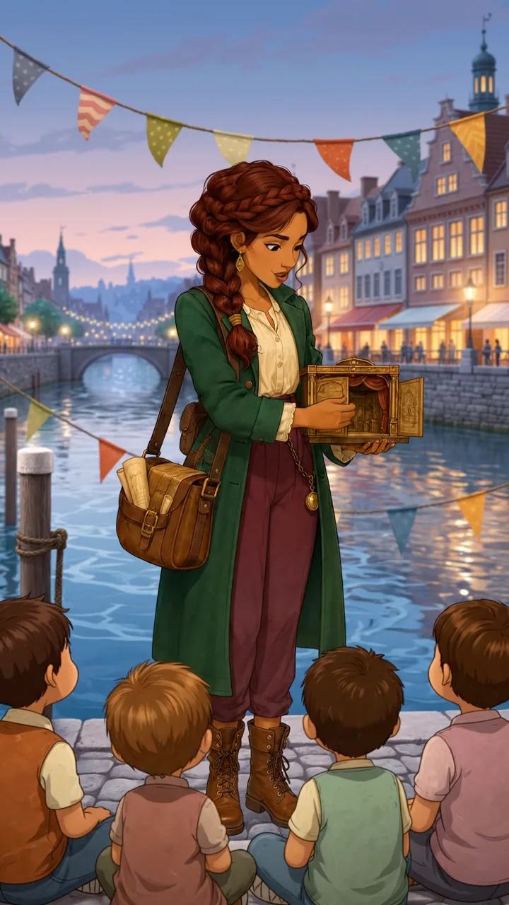 Poster of Elena Maris opening her miniature theater for children beside a riverside quay