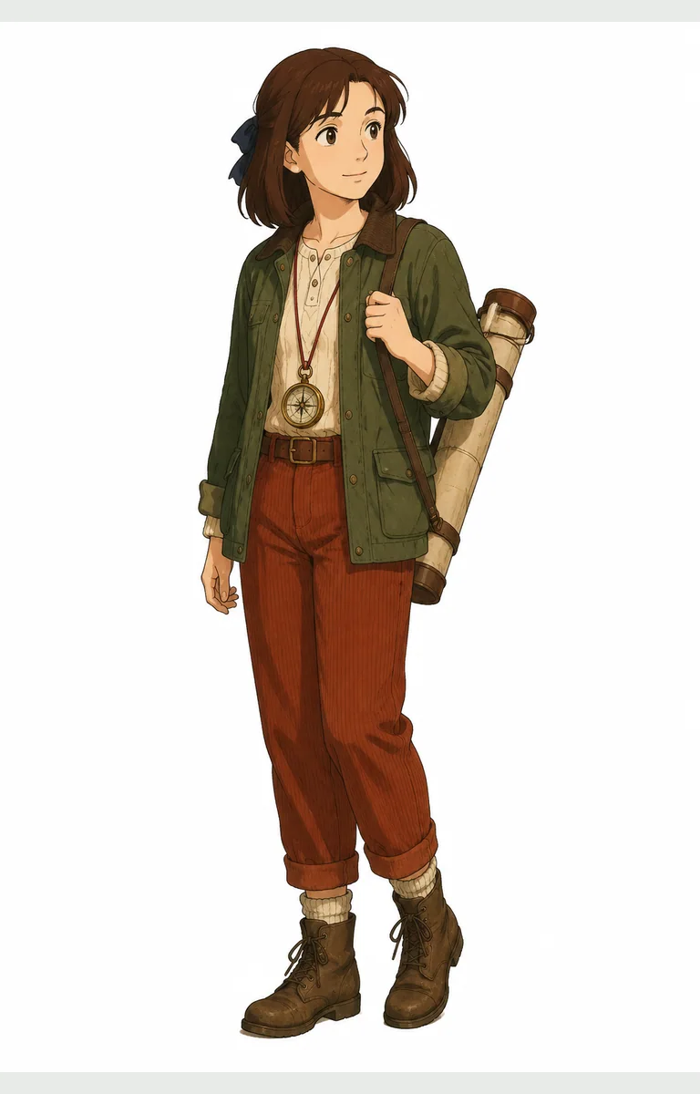 Full-body portrait of Iris Vale, a young mountain map archivist with a map tube and brass compass