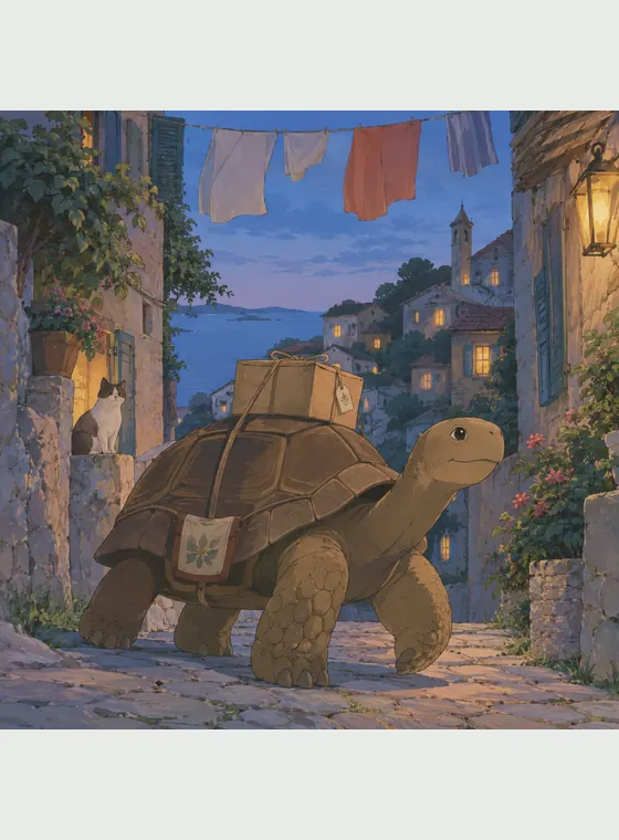 A giant tortoise carrying a small parcel through a lit hillside village at blue hour