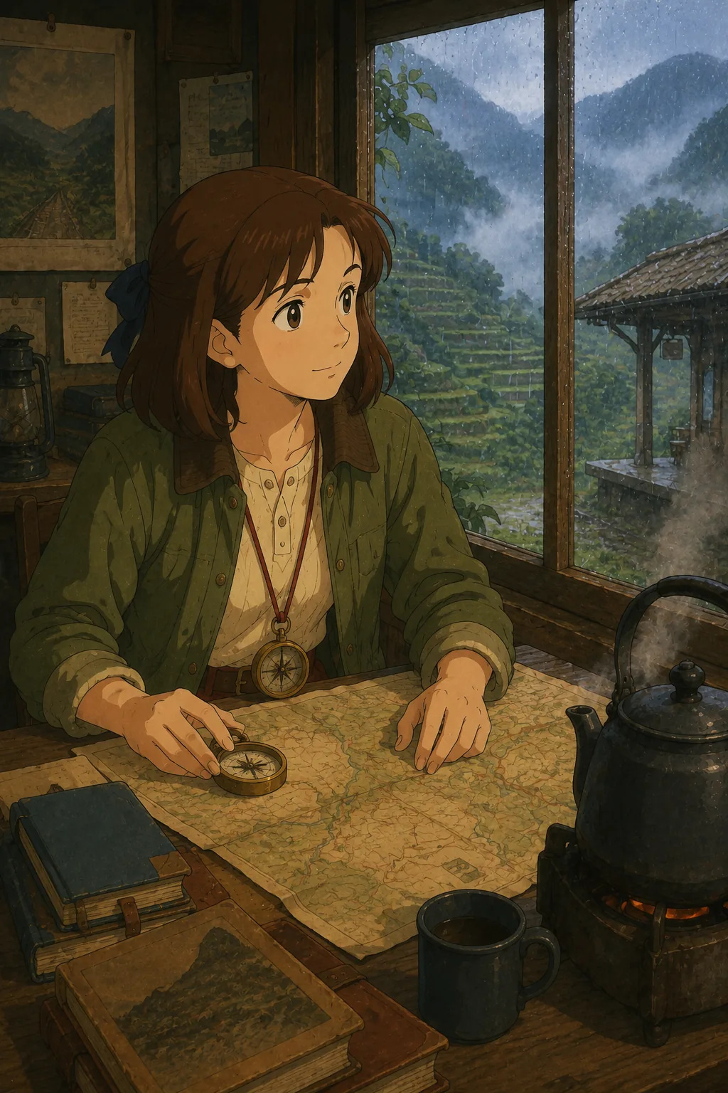 Iris Vale studying a weathered valley map beside a rain-lit station window