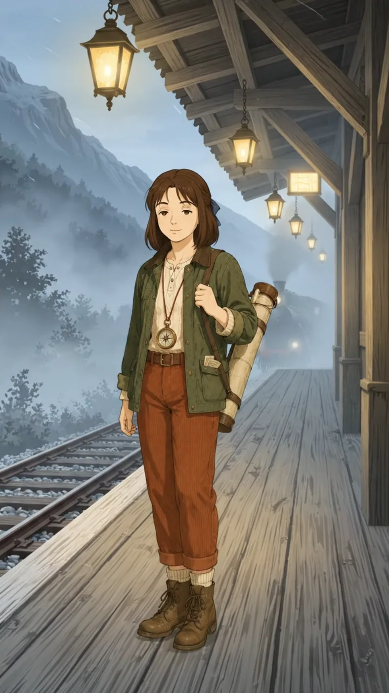 Iris Vale standing on a mountain railway platform as mist moves through the valley