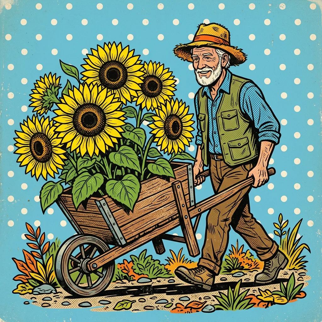 Elderly gardener in a straw hat hauling a wheelbarrow of oversized sunflowers against a polka-dot sky