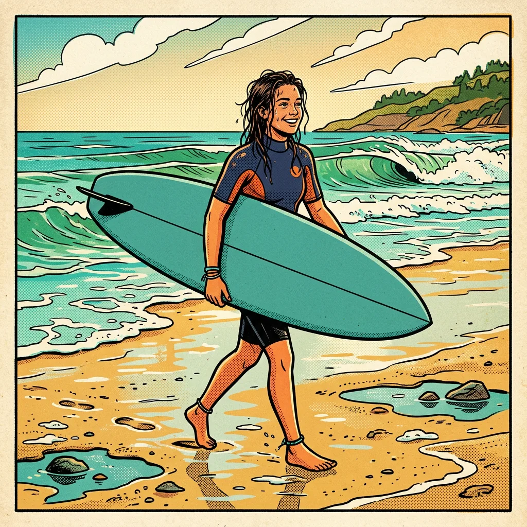 Surfer carrying a teal longboard across wet sand scattered with tide pools as green waves roll in