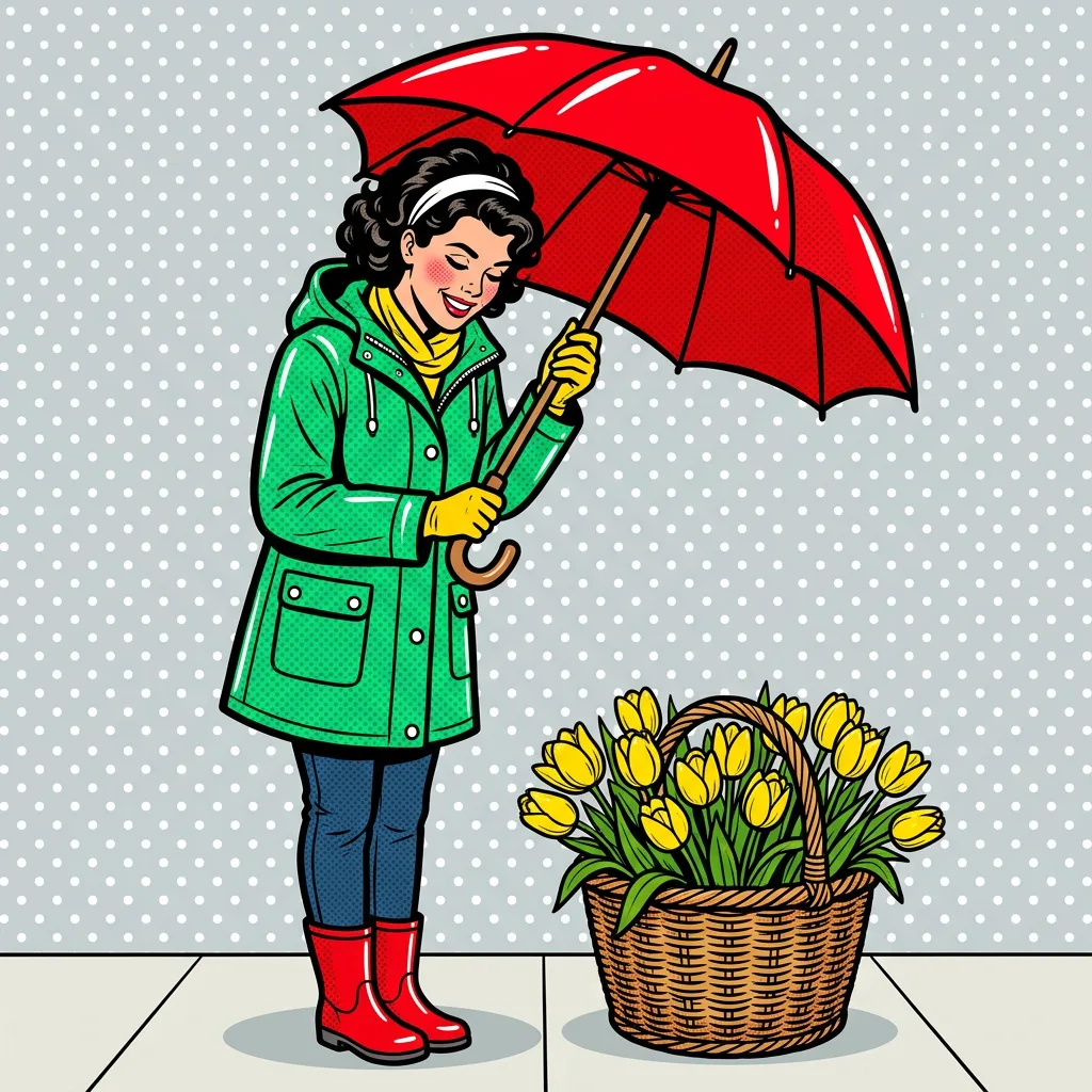 Woman in a green raincoat holding a red umbrella over a basket of yellow tulips against a polka-dot background