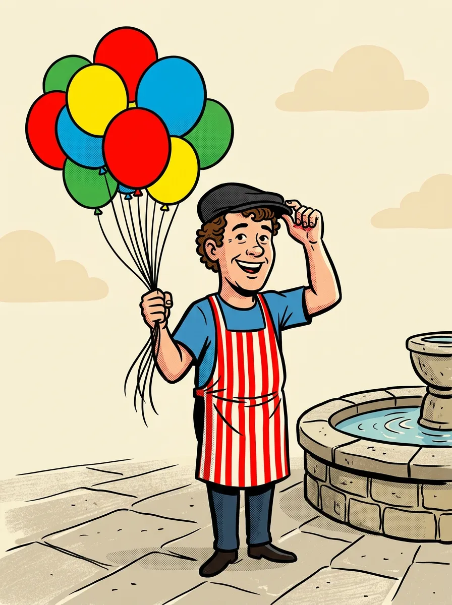 Balloon vendor in a striped apron tipping his cap while holding a bunch of bright balloons beside a stone fountain
