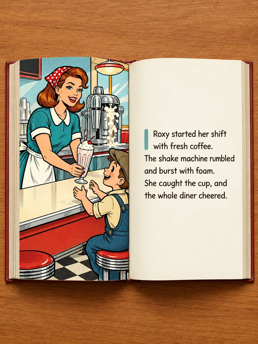 Open hardcover storybook spread with a full illustration of diner waitress Roxy Malone sliding a vanilla malt to a boy at a sunny counter on the left page and the story passage beside an accent bar on the right page