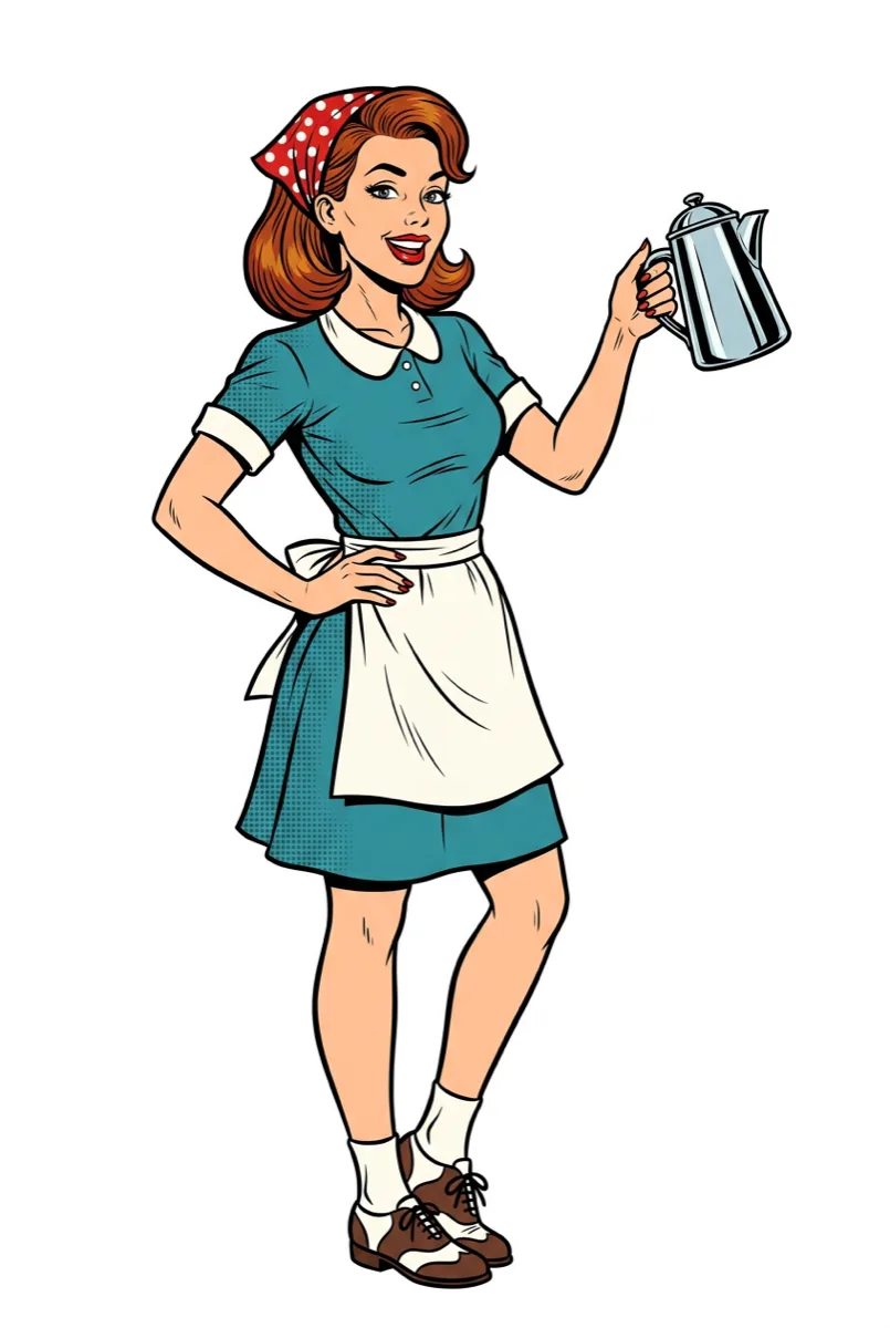 Full-body pop art portrait of diner waitress Roxy Malone with an auburn flipped bob, red polka-dot head scarf, teal uniform dress with white collar, white waist apron, and brown saddle shoes, holding a chrome coffee pot