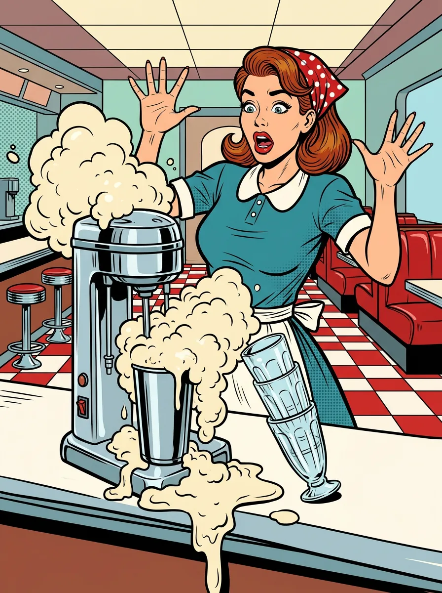 Pop art scene of diner waitress Roxy Malone throwing both hands up in wide-eyed surprise as the milkshake machine erupts with foam at a chrome counter with checkered floor tiles