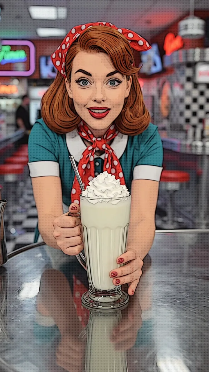 Diner waitress Roxy Malone leaning in to present a tall vanilla malt in a ribbed glass across a chrome diner counter