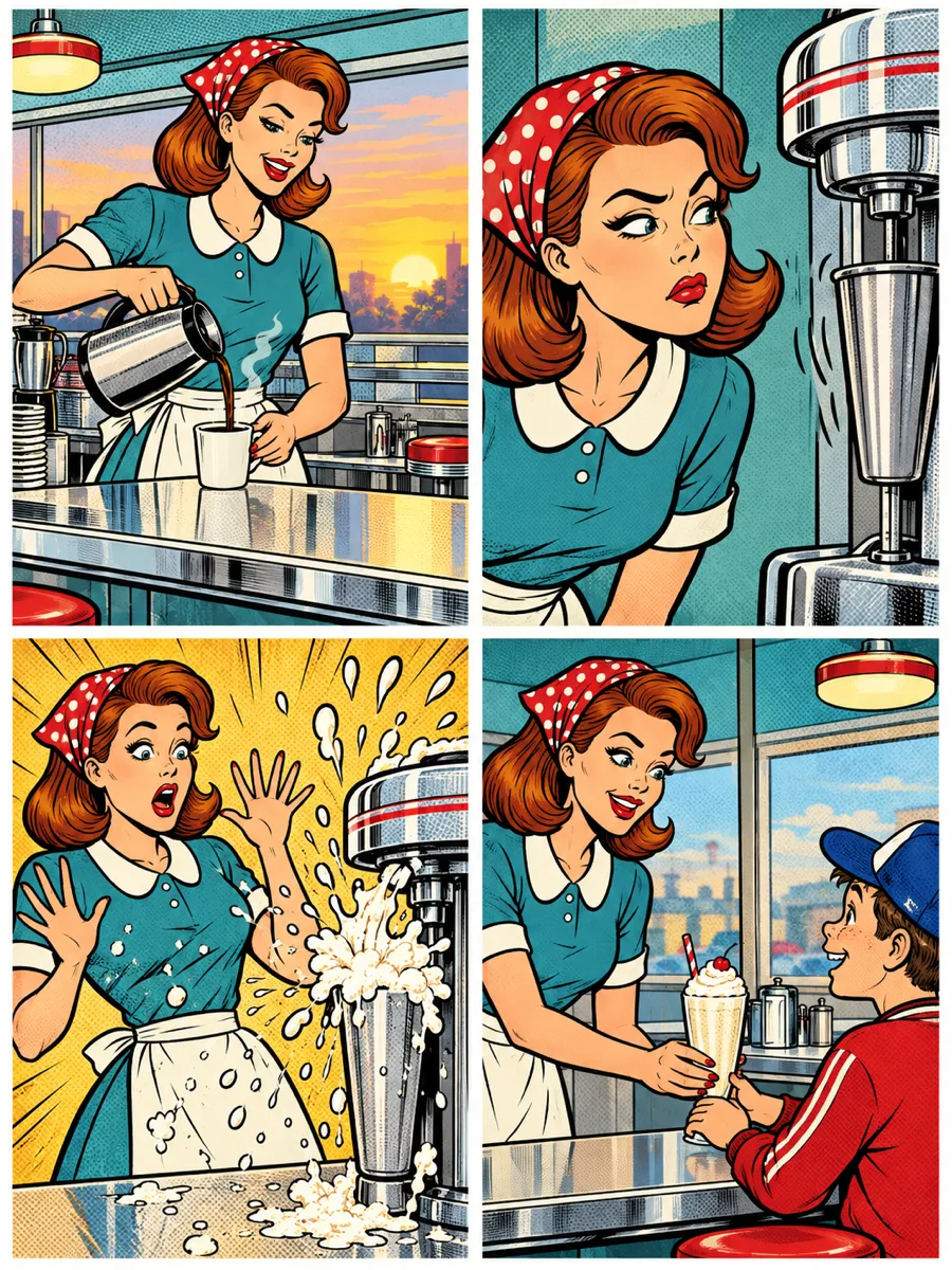 Four-panel storyboard of diner waitress Roxy Malone pouring coffee at sunrise, eyeing the rattling milkshake machine, throwing both hands up as it erupts with foam, and sliding the finished malt to a grinning kid