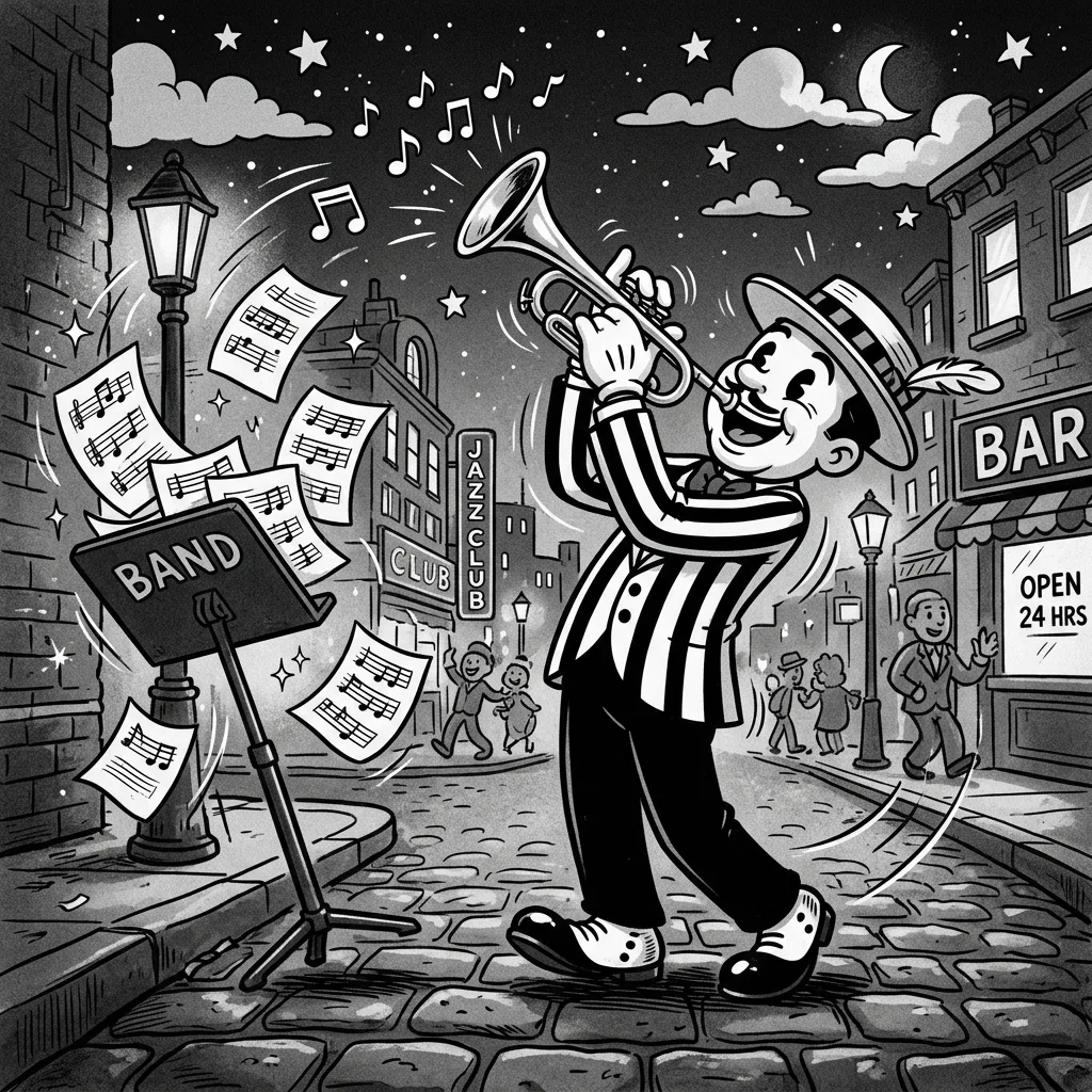 Vintage cartoon bandleader in a striped blazer and boater hat blowing a trumpet skyward on a lamplit cobblestone corner as sheet music flutters from the stand