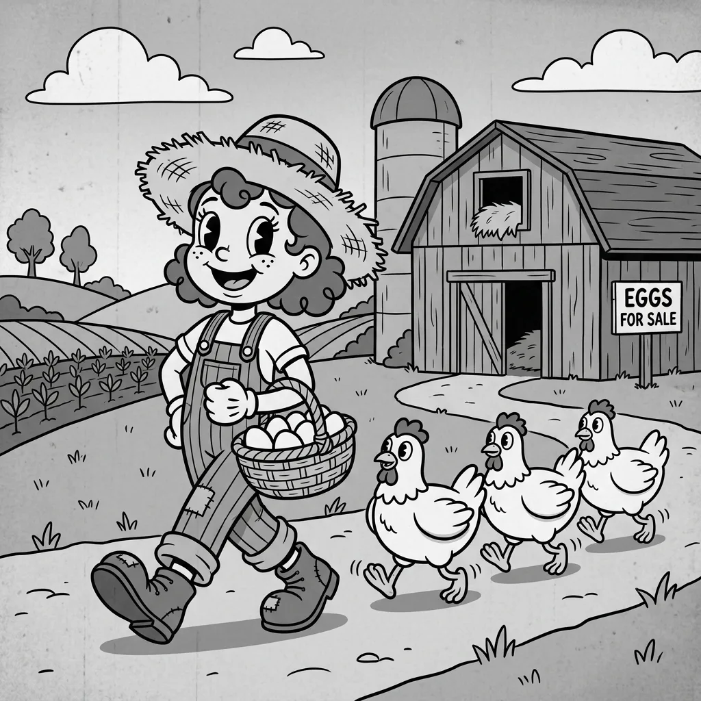 Vintage cartoon farmer girl in a straw hat carrying an egg basket past a barn as three hens follow in a waddling line