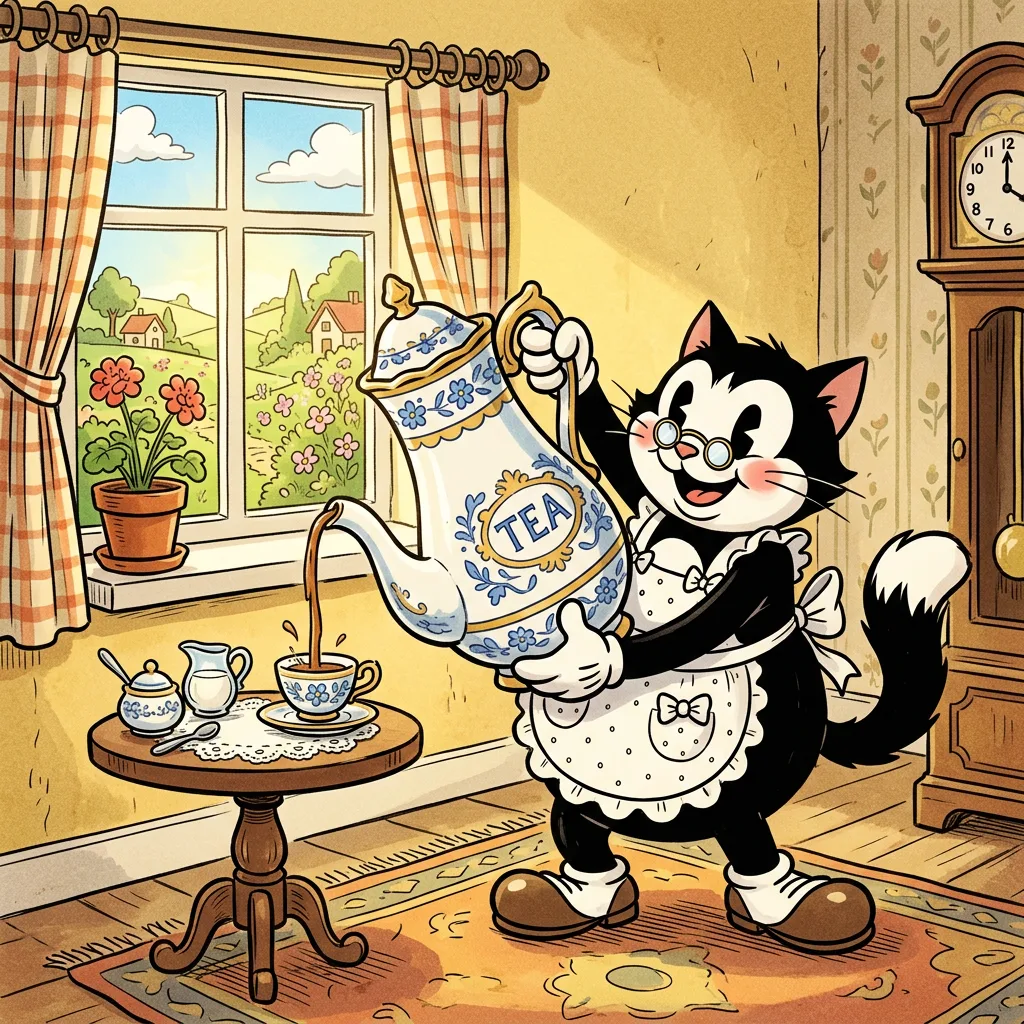 Vintage cartoon cat in a frilled apron and pince-nez glasses pouring tea from a tall porcelain pot beside a sunny window