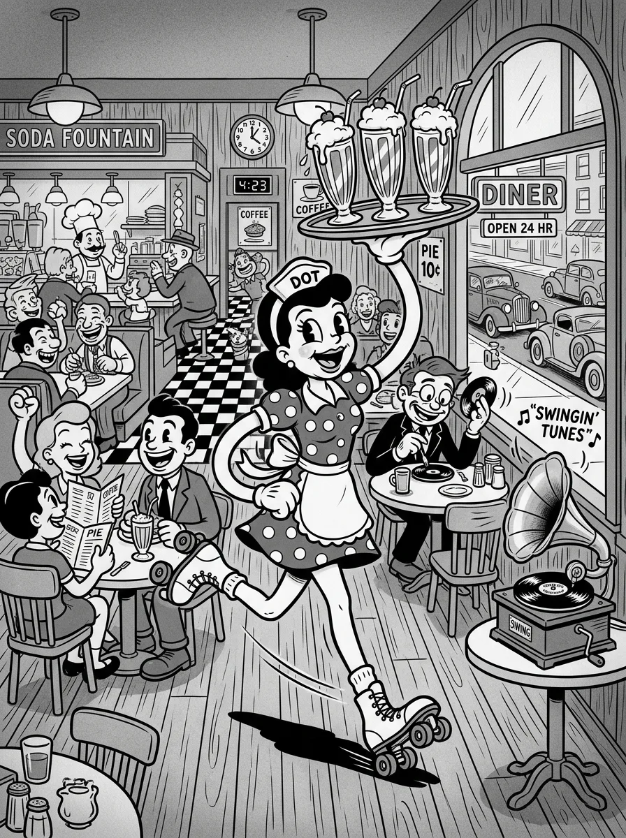 Vintage cartoon waitress on roller skates balancing a tray with three tall ice cream sodas through a crowded diner while a gramophone spins by the window