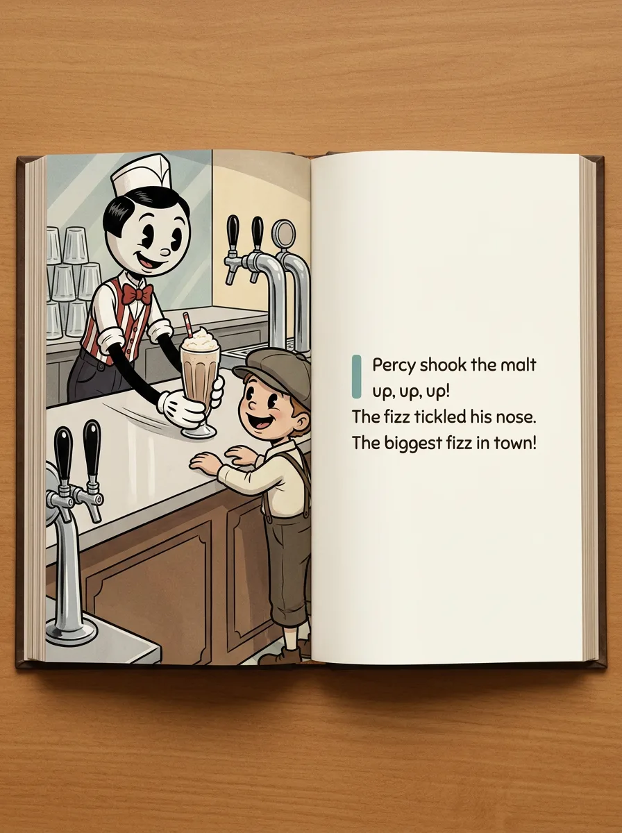 Open hardcover storybook spread with a full illustration of soda jerk Percy Pike sliding a malted milk to a child in a newsboy cap on the left page and the story passage beside an accent bar on the right page