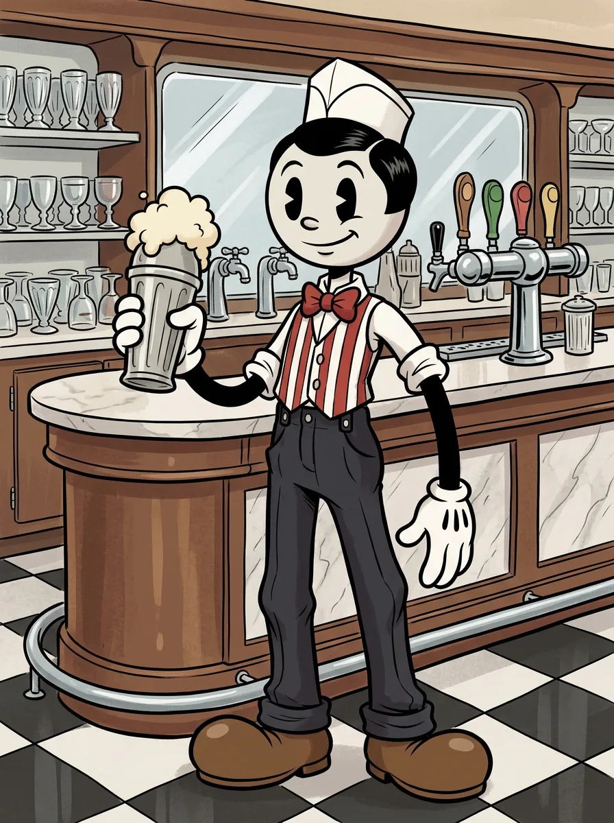 Vintage cartoon soda jerk Percy Pike presenting a freshly shaken malted milk with foam rising over the rim at a fountain counter with chrome taps and stacked glasses